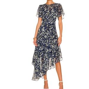 Astr Navy Floral Asymmetrical Dress